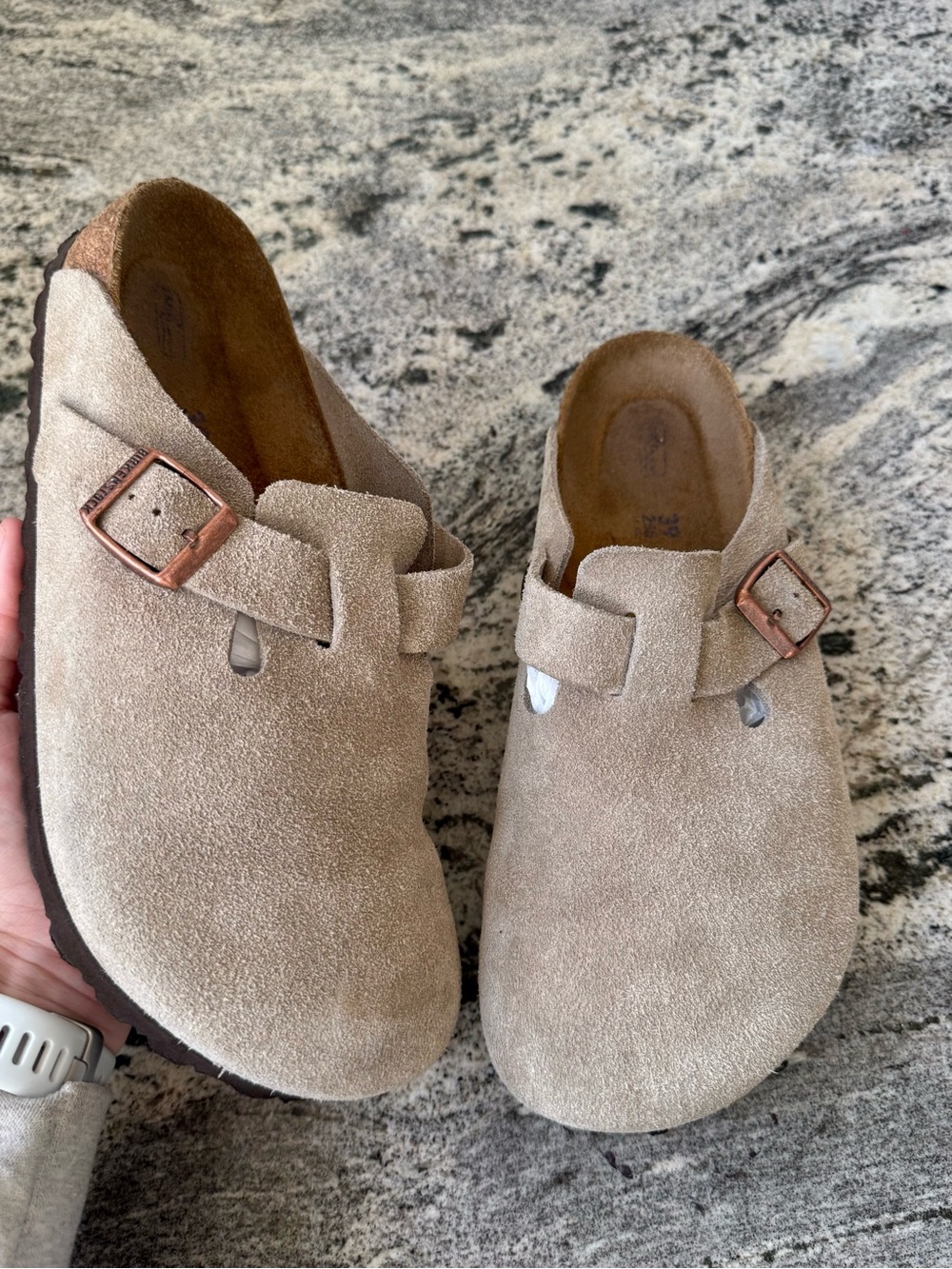 Birkenstock Beige Suede Clogs with Copper Buckles